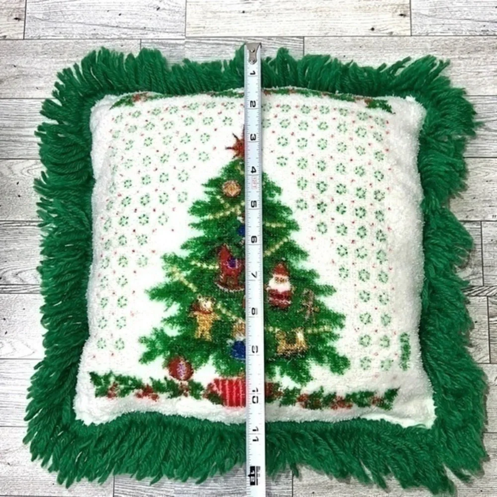 Vintage Terry Cloth Christmas Tree Throw Pillow with Fringe
